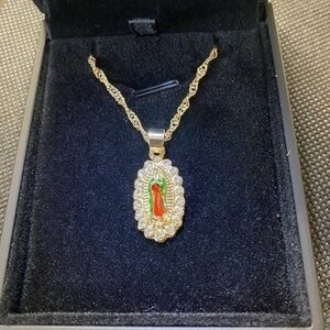 14K Gold Multicolor Virgin Mary Pendant Necklace